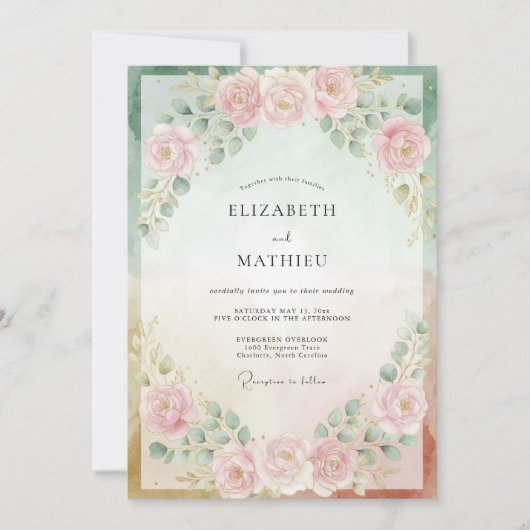 Trouw met Bleke Blush Mint Pioenroos Kaart (Voorkant)
