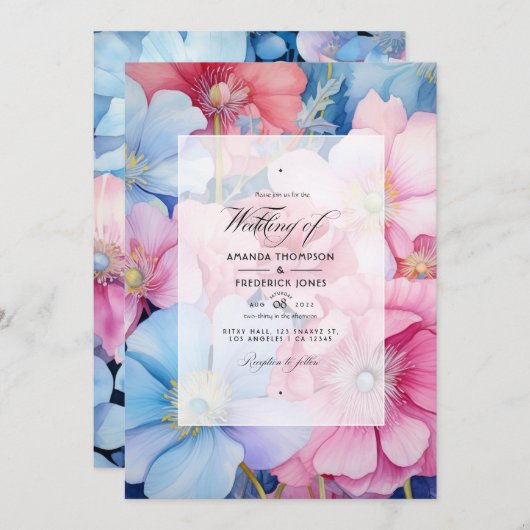 Trouw met bloemen in roze en lichtblauw kaart (Voorkant / Achterkant)