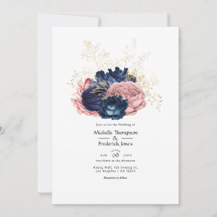 Trouw met bloemen in roze, marineblauw en goud kaart