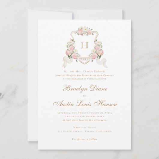 Trouw met bloemen Roze Rozen Groene Krans Monogram Kaart (Voorkant)