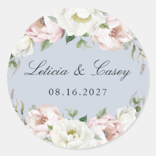 Trouw met bloemen Roze Witte Pioen Stof Blauw Ronde Sticker