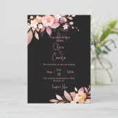 Trouw met bloemmotief Zwart & Blush Roos Kaart (Staand voorkant)