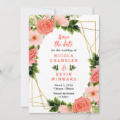 Trouw met bloemrijke koraalrode rozen save the date (Voorkant)