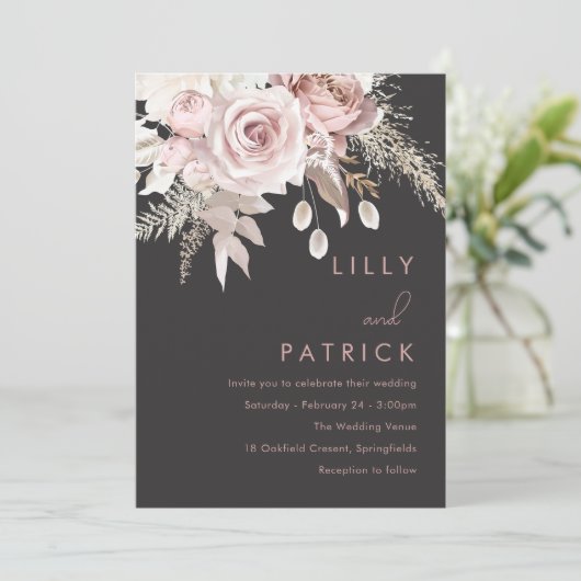 Trouw met Blush & Gray Stof Roze Bloemen Kaart (Staand voorkant)