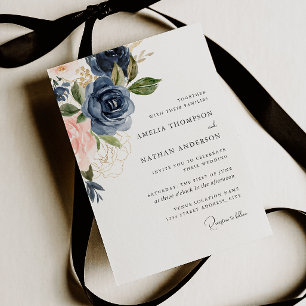 Trouw met Blush Navy Botanische Bloemen Kaart