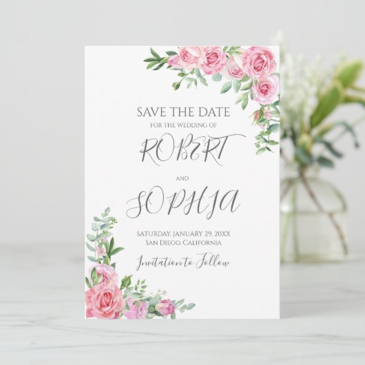 Trouw met Blush Roze Bloei Save The Date (Staand voorkant)