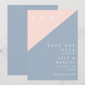 Trouw met Blush Stof Blauw Minimalistisch Monogram Save The Date (Voorkant / Achterkant)