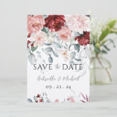 Trouw met bordeauxroze bloemen save the date (Staand voorkant)