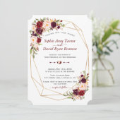 Trouw met Charm Burgundy Roze Bloem Gouden Lijst Kaart (Staand voorkant)