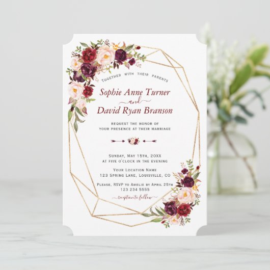 Trouw met Charm Burgundy Roze Bloem Gouden Lijst Kaart (Staand voorkant)