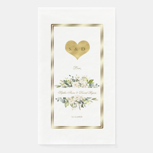 Trouw met Charm White Bloemen Gouden Monogram Servet (Voorkant)
