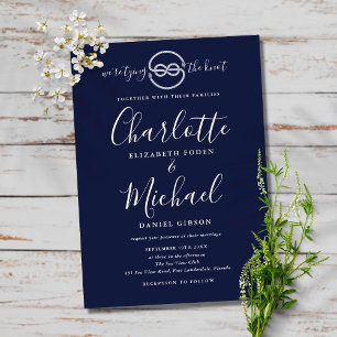 Trouw met een scheepsknoop Navy Blue Script Kaart