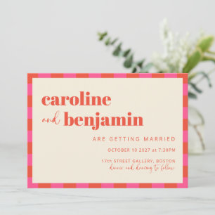 Trouw met een vet roze en oranje dambordpatroon  kaart