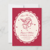 Trouw met engel cupido vintage save the date (Voorkant)