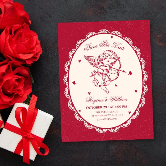 Trouw met engel cupido vintage save the date