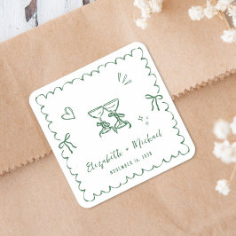 Trouw met fantasierijke groene golvende rand vierkante sticker