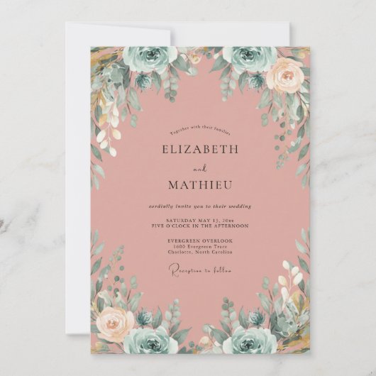 Trouw met groene stof roze blad Eucalyptus Kaart (Voorkant)