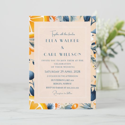 Trouw met helder en citrusachtig bloemmotief kaart (Staand voorkant)