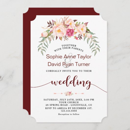 Trouw met herfst bordeauxroze bloemenschrift kaart (Voorkant / Achterkant)