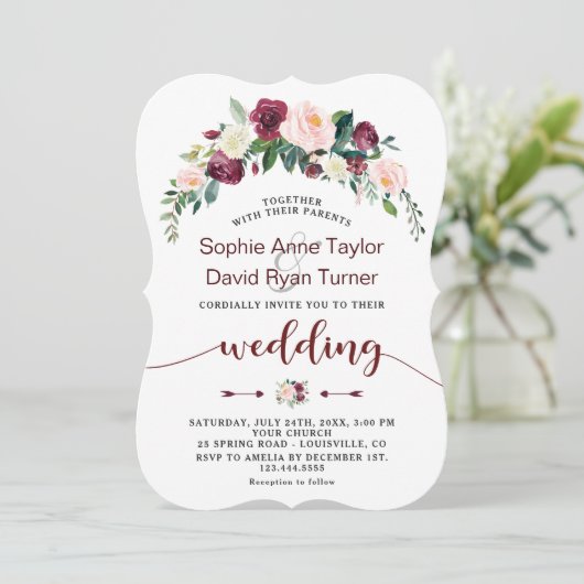 Trouw met herfst Bourgondië blozend bloemenschrift Kaart (Staand voorkant)