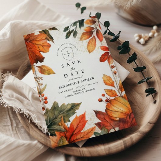 Trouw met herfstbladeren in het vet save the date