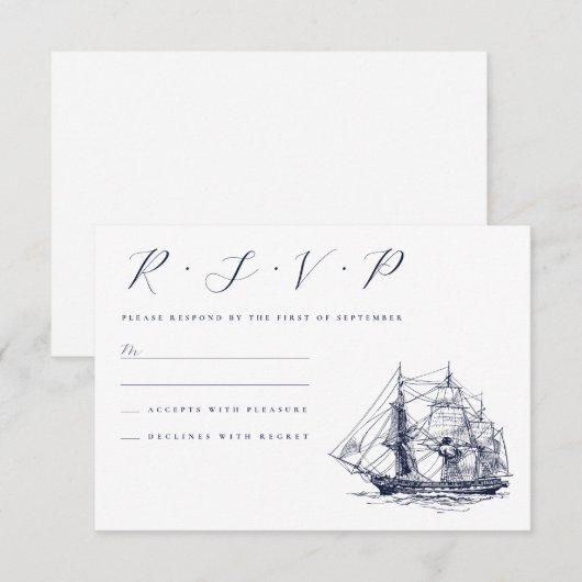 Trouw met illustratie van oud scheepvaartnavigatie RSVP kaartje (Voorkant / Achterkant)