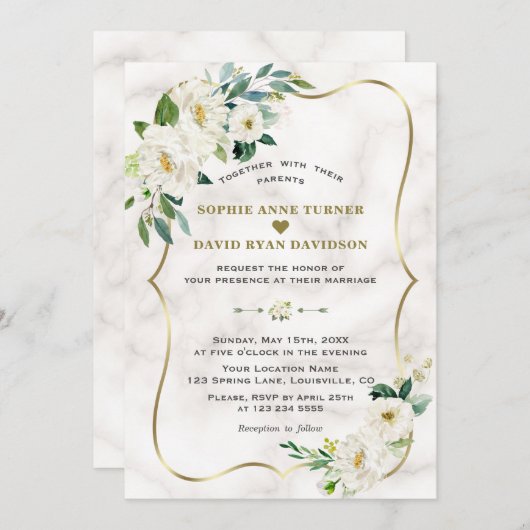 Trouw met Ivoor Witte Bloemen Roségoud Marmer Kaart (Voorkant / Achterkant)