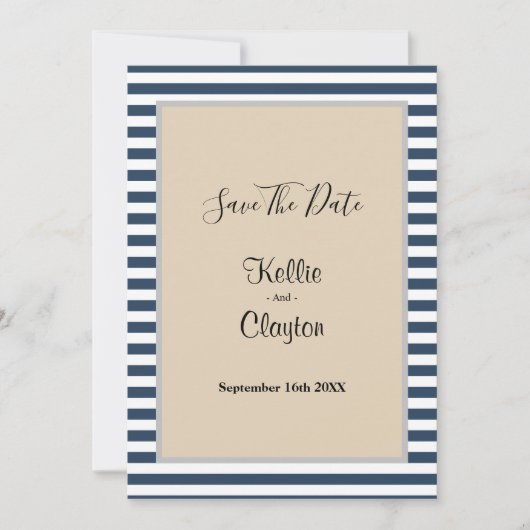 Trouw met klassieke blauwe strepen omlijst save the date (Voorkant)