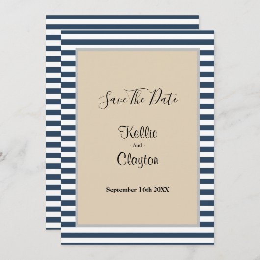 Trouw met klassieke blauwe strepen omlijst save the date (Voorkant / Achterkant)