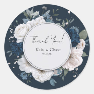 Trouw met krans in bloemen in wit en donkerblauw m ronde sticker