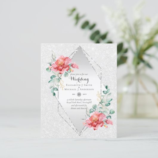 Trouw met lage budget rode bloemen zilveren glitte (Staand voorkant)