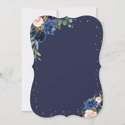 Trouw met marineblauw blozend bloemgoud glitters kaart (Achterkant)