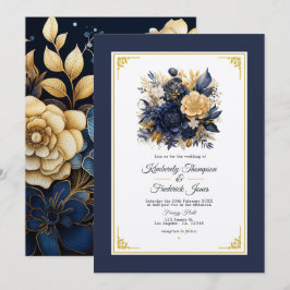 Trouw met marineblauw en gouden bloemen kaart