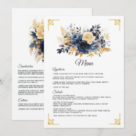 Trouw met marineblauw en gouden bloemen menu