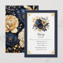 Trouw met marineblauw en gouden bloemen