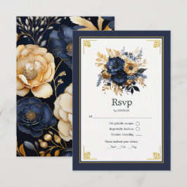 Trouw met marineblauw en gouden bloemen RSVP kaartje