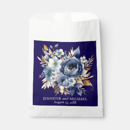 Trouw met marineblauw en gouden bloemendecor bedankzakje