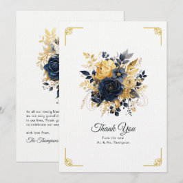 Trouw met marineblauw en gouden bloemmotief bedankkaart