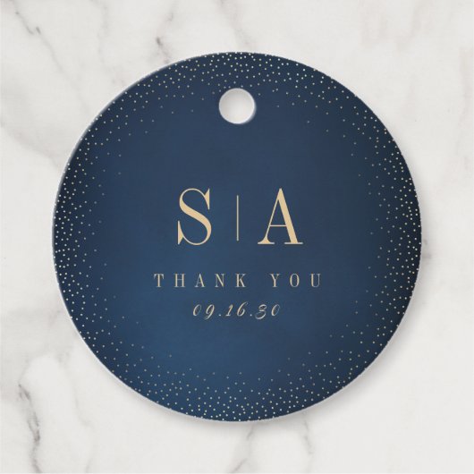 Trouw met marineblauw en gouden glitter monogram bedankjes labels (Voorkant)