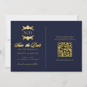 Trouw met marineblauw en gouden monogram QR-code Save The Date (Voorkant)
