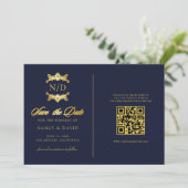 Trouw met marineblauw en gouden monogram QR-code Save The Date (Staand voorkant)