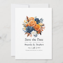 Trouw met marineblauw en oranje bloemen save the date
