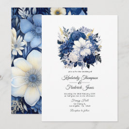 Trouw met marineblauw en witte bloemen kaart
