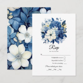 Trouw met marineblauw en witte bloemen RSVP kaartje