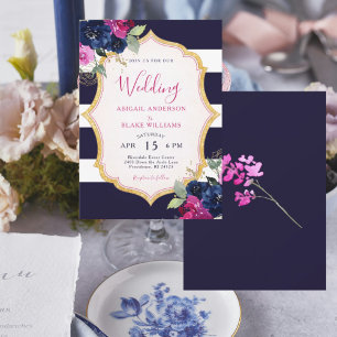 Trouw met marineblauw & fuchsia bloemen kaart