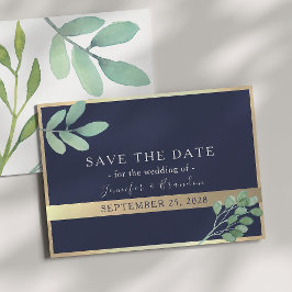 Trouw met marineblauw goud en groen save the date