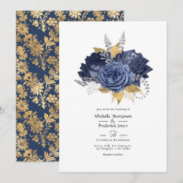 Trouw met marineblauw, goud en zilver bloemmotief kaart