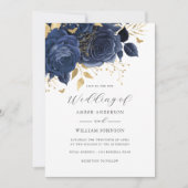 Trouw met marineblauw gouden bloemrozen   kaart (Voorkant)