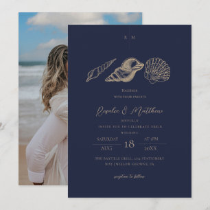 Trouw met marineblauw & gouden schelpen aan de kus kaart
