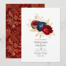 Trouw met marineblauw, rood en gouden bloemmotief